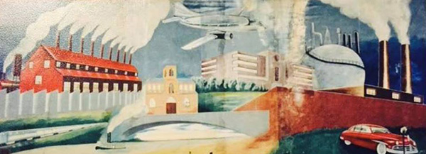 Painted mural of Ironton scenes — smoking factories, an airplane, civic buildings, and a mid-century car — from the Ro-Na's heritage